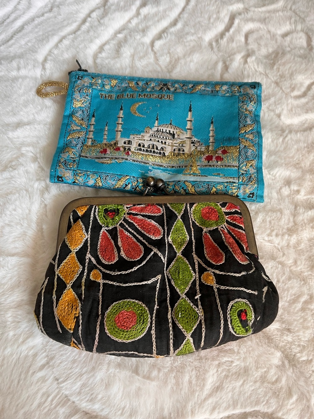 Set of Two Hand-Embroidered Coin Purses with Colorful Accents